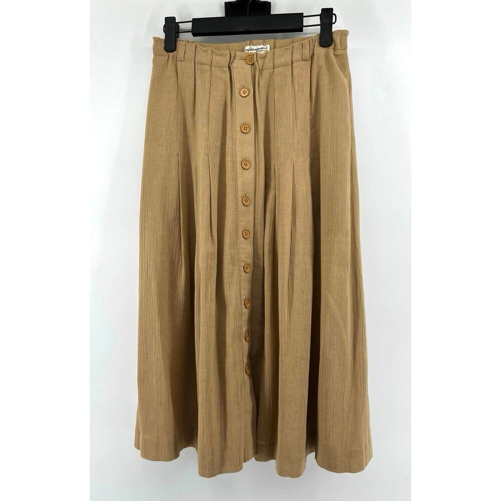 Women's Button Front Linen Skirt Size S Tan Midi Old Money Quiet Luxury